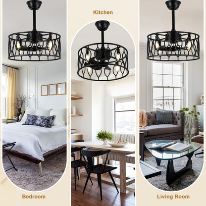 DC255204-BellaDepot 19" Artistic Wrought Iron Cage-Style Mini Ceiling Fan with Lights, Industrial-Style Vintage Creative Home Decor Fan Light