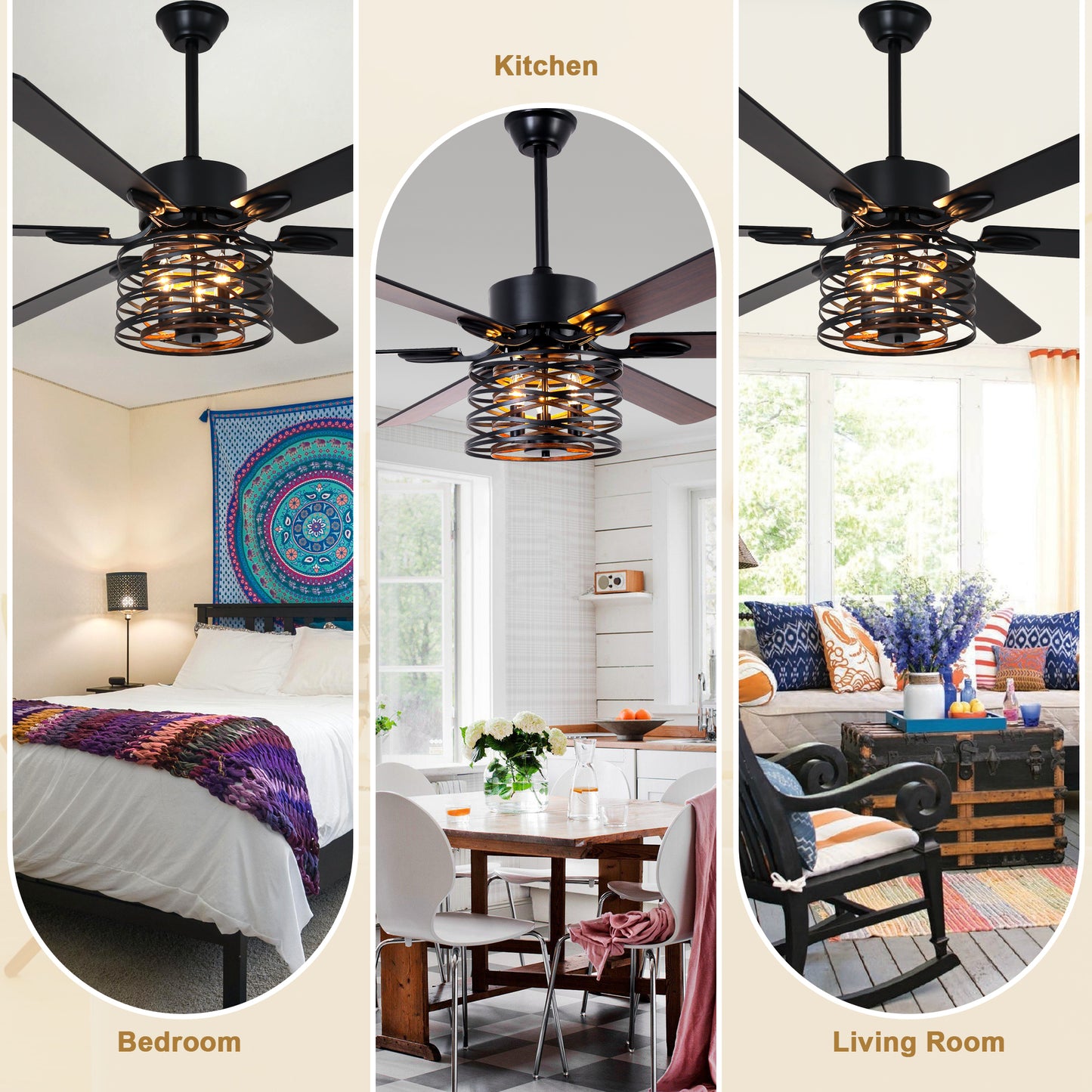 BellaDepot 65" Farmhouse Industrial Brown Large Size Ceiling Fan with Remote Control, Silent Motor 6 Speeds Straight Leaf Fan with 3 Lights - DC6507