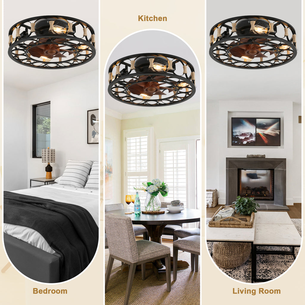 19 Inch Black Farmhouse Flush Mount Ceiling Fan with Lights and Remote, 6 Speeds DC Motor Bladeless Ceiling Fans for Low Profile Ceiling
