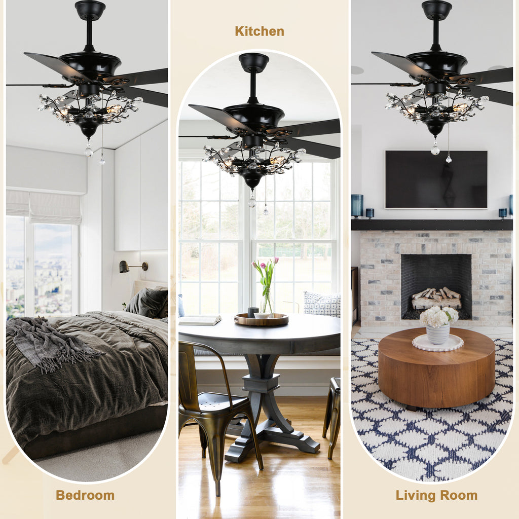 52 Inch Black/Chrome Modern Luxury Cryatal Ceiling Fan with Lights and Remote, 6 Speeds DC Motor Reversible Chandelier Ceiling Fans
