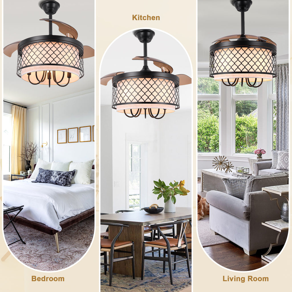 42 Inch Farmhouse Retractable Ceiling Fan with Lights and Remote Control, 6 Speeds DC Motor Bladeless Ceiling Fan for Bedroom