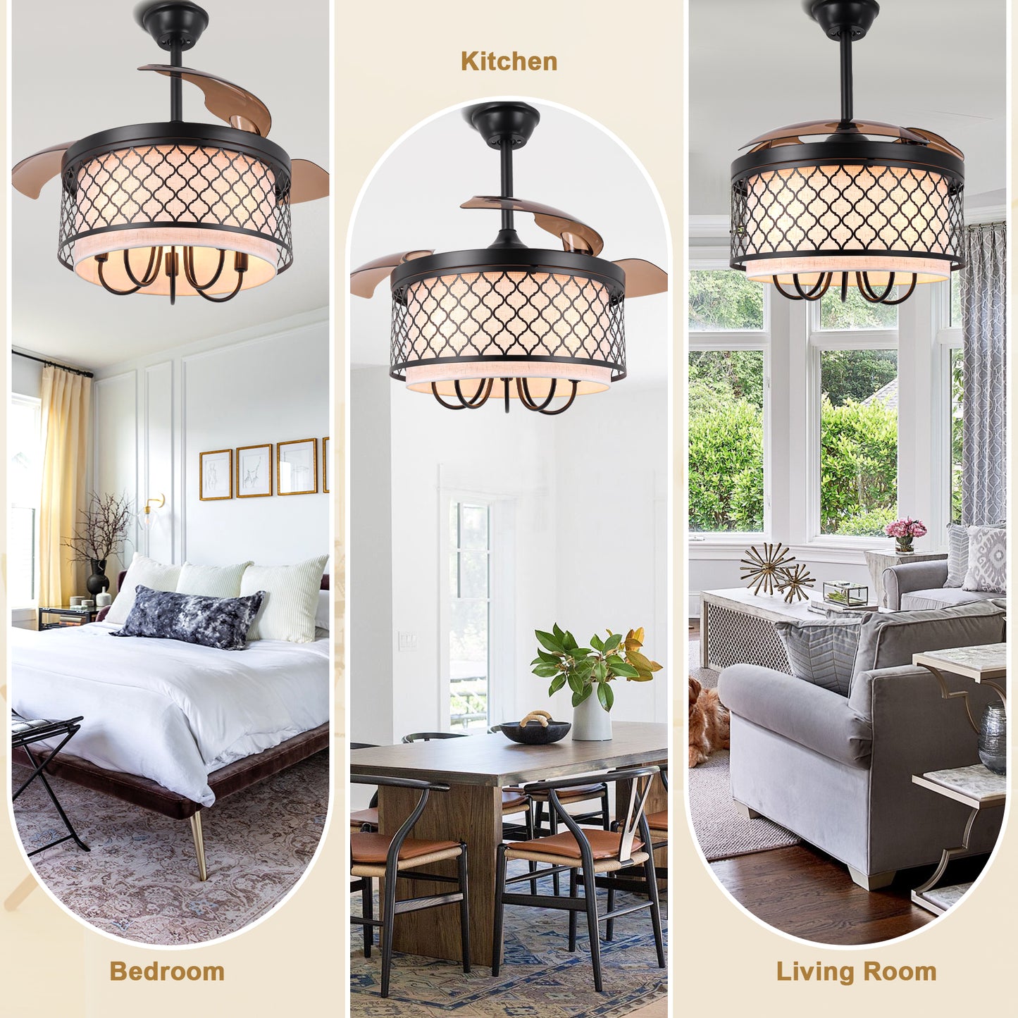 DC4271-B-BellaDepot 42" Vintage Chandelier Fan with Fabric and Metal Decor, Caged Ceiling Fan with Remote Control and Lights