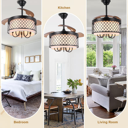 DC4271-B-BellaDepot 42" Vintage Chandelier Fan with Fabric and Metal Decor, Caged Ceiling Fan with Remote Control and Lights