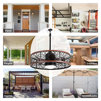 HW2310-GED-BellaDepot 24" Outdoor Iron Carving Caged Ceiling Fan with Remote Control, DC Motor 6 Speeds Fan with LED Lights