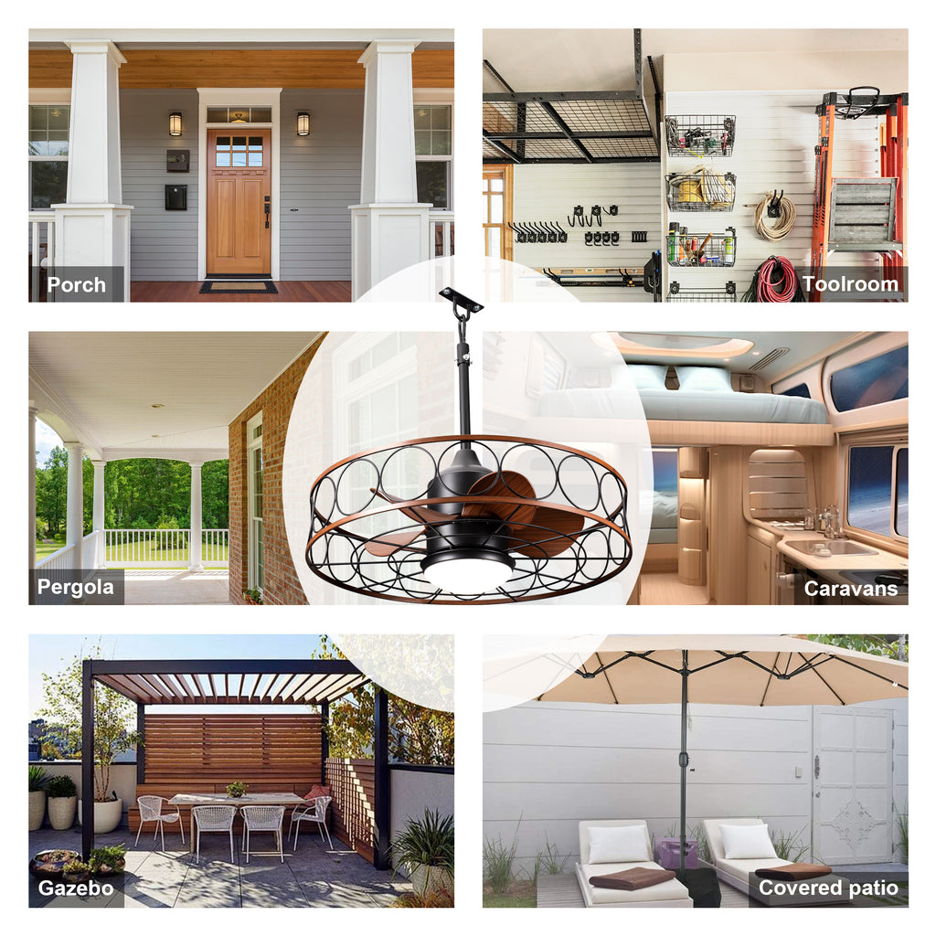 24 Inch Industrial Farmhouse Outdoor Caged Ceiling Fan with LED Lights and Remote, 6 Speed DC Motor Patio Ceiling Fan Waterproof