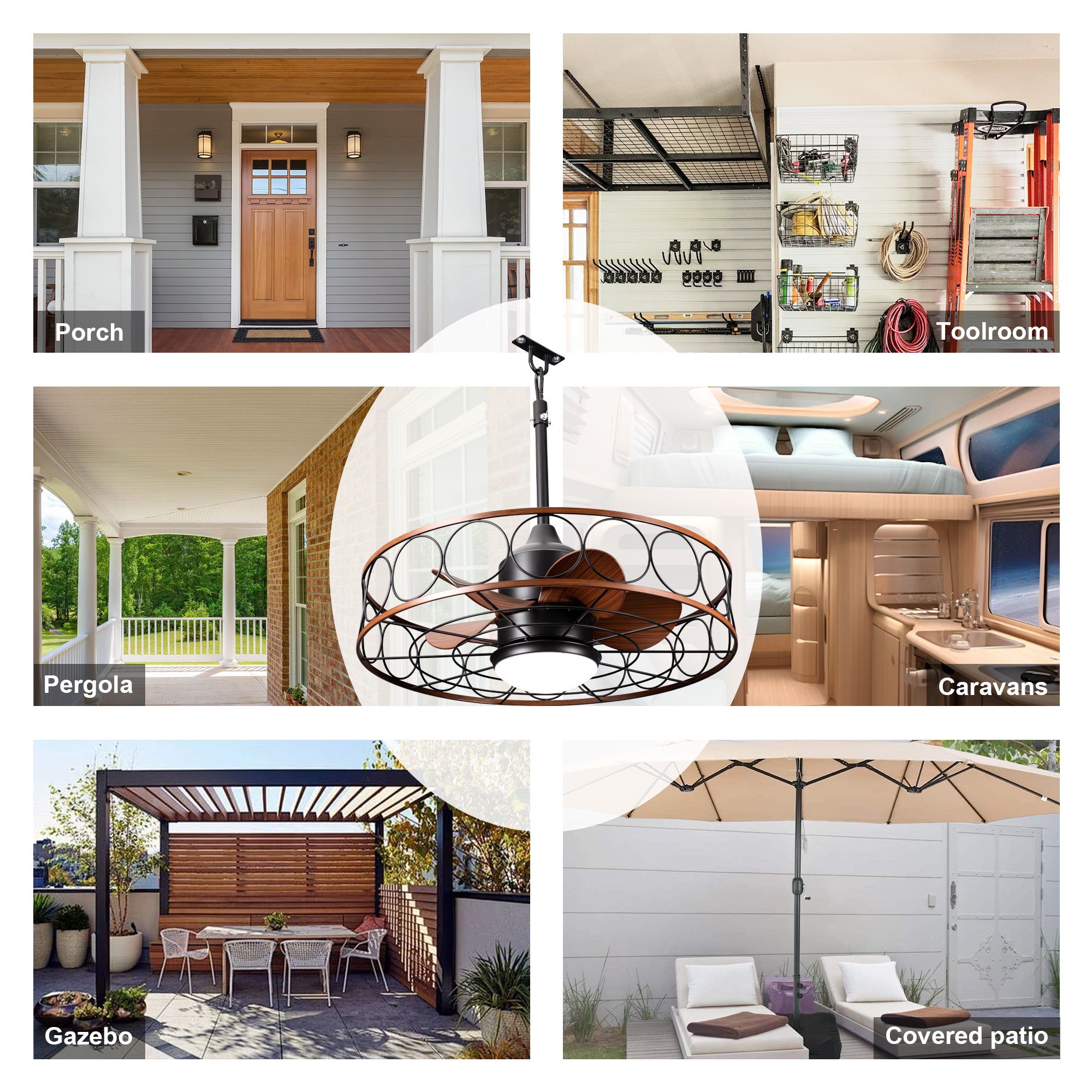 24 Inch Industrial Farmhouse Outdoor Caged Ceiling Fan with LED Lights and Remote, 6 Speed DC Motor Patio Ceiling Fan Waterproof