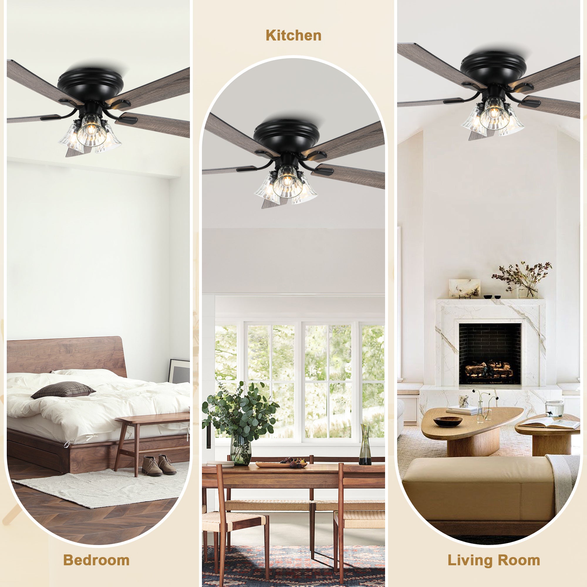 52/60 Inch Black Farmhouse Flush Mount Ceiling Fan with Lights and Remote Control, 6 Speeds DC Motor Low Profile Ceiling Fan with Glass Shade