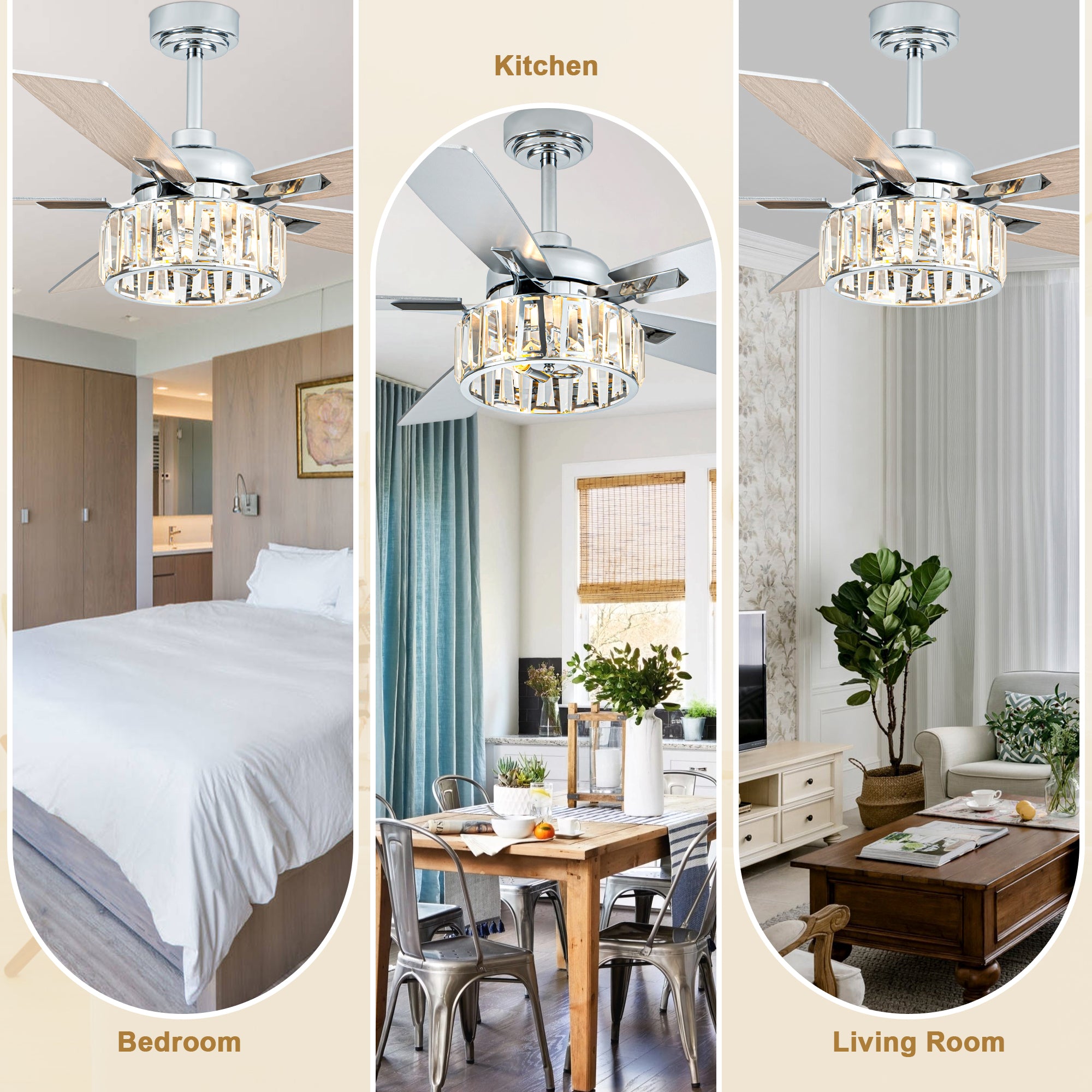 52 Inch Chrome Contemporary Glam Ceiling Fan with Lights and Remote Control, 6 Speeds Reversible Ceiling Fan with Crystals