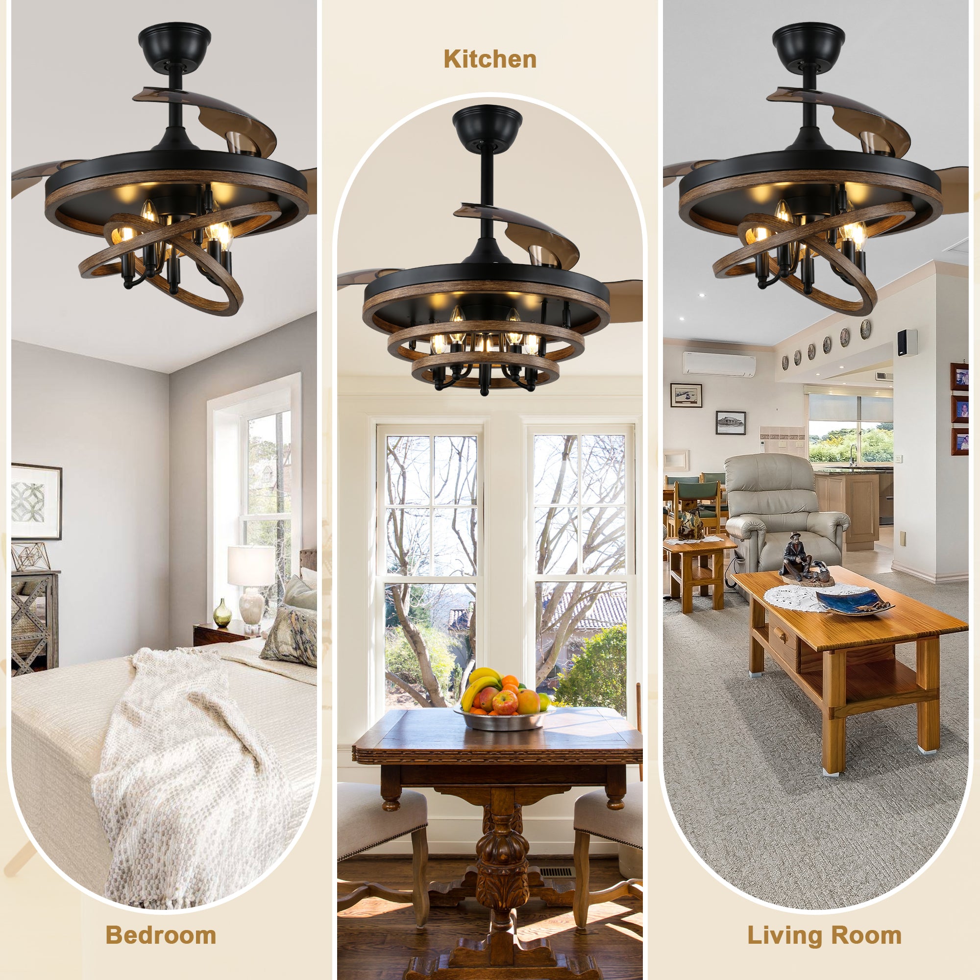 42 Inch Black Farmhouse Retractable Ceiling Fan with Lights and Remote Control, 6 Speeds Reversible Fandelier Ceiling Fan with DIY Shade