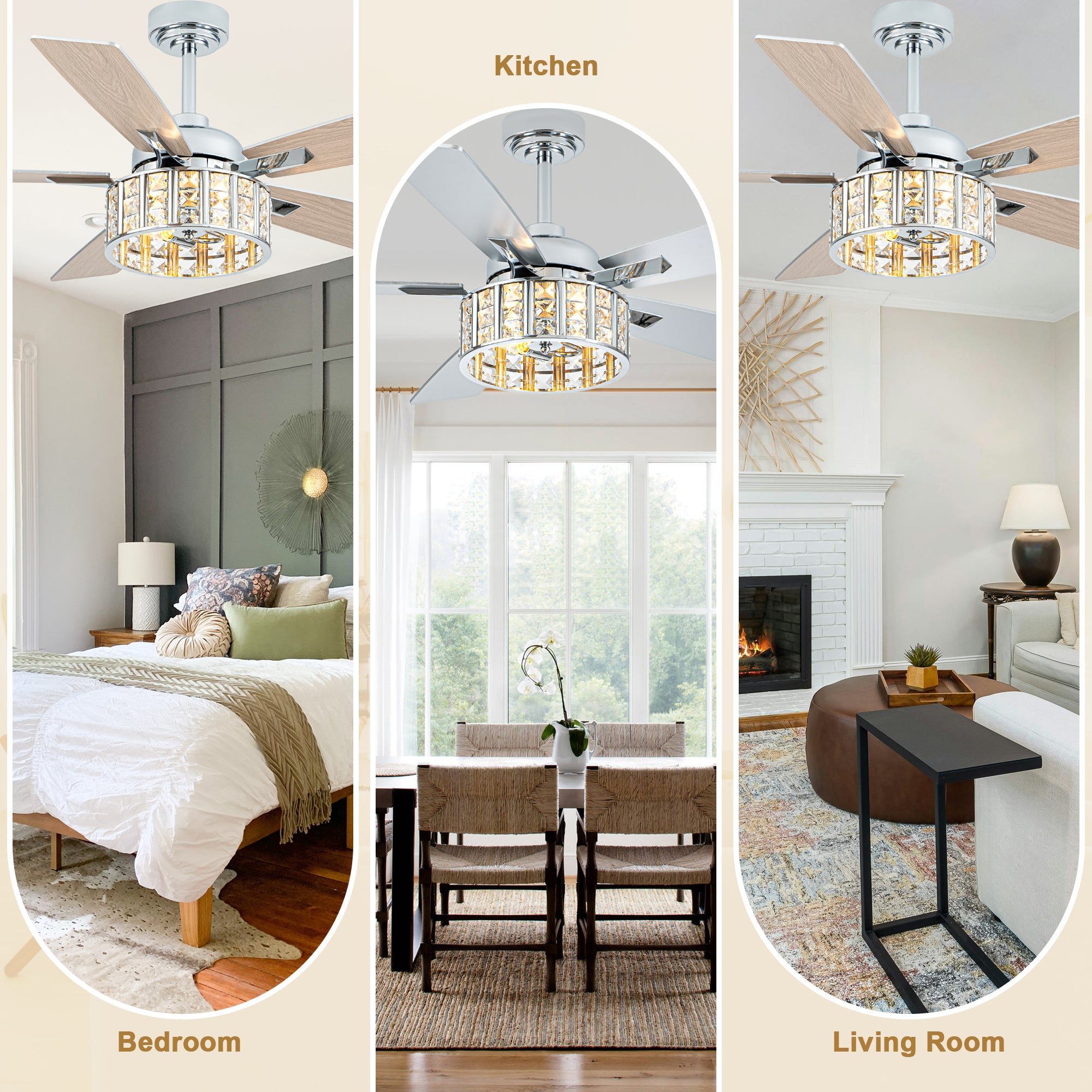 52 Inch Chrome Glam Crystal Ceiling Fan with Lights and Remote Control, 6 Speeds Reversible Ceiling Fan with Crystals