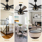 52 Inch Industrial Wood Grain Caged Ceiling Fan with Remote and Reversible Blades, 6-Speed Ceiling Fan with Lights