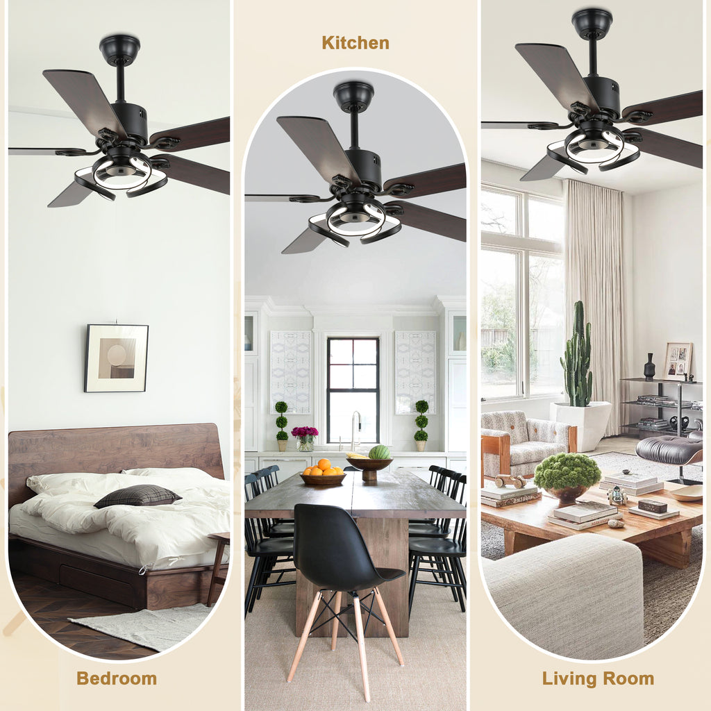 52 Inch Black/Chrome Modern Ceiling Fan with Led Light and Remote Control, 6 Speeds DC Motor Reversible Ceiling Fan for Living Room