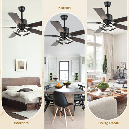 DC5217-52" 5 Wooden Blades Black/Chrome Finish Modern Reversible Ceiling Fan with Remote and Light Kit Included, 6-speed Dimmable Ceiling Fan