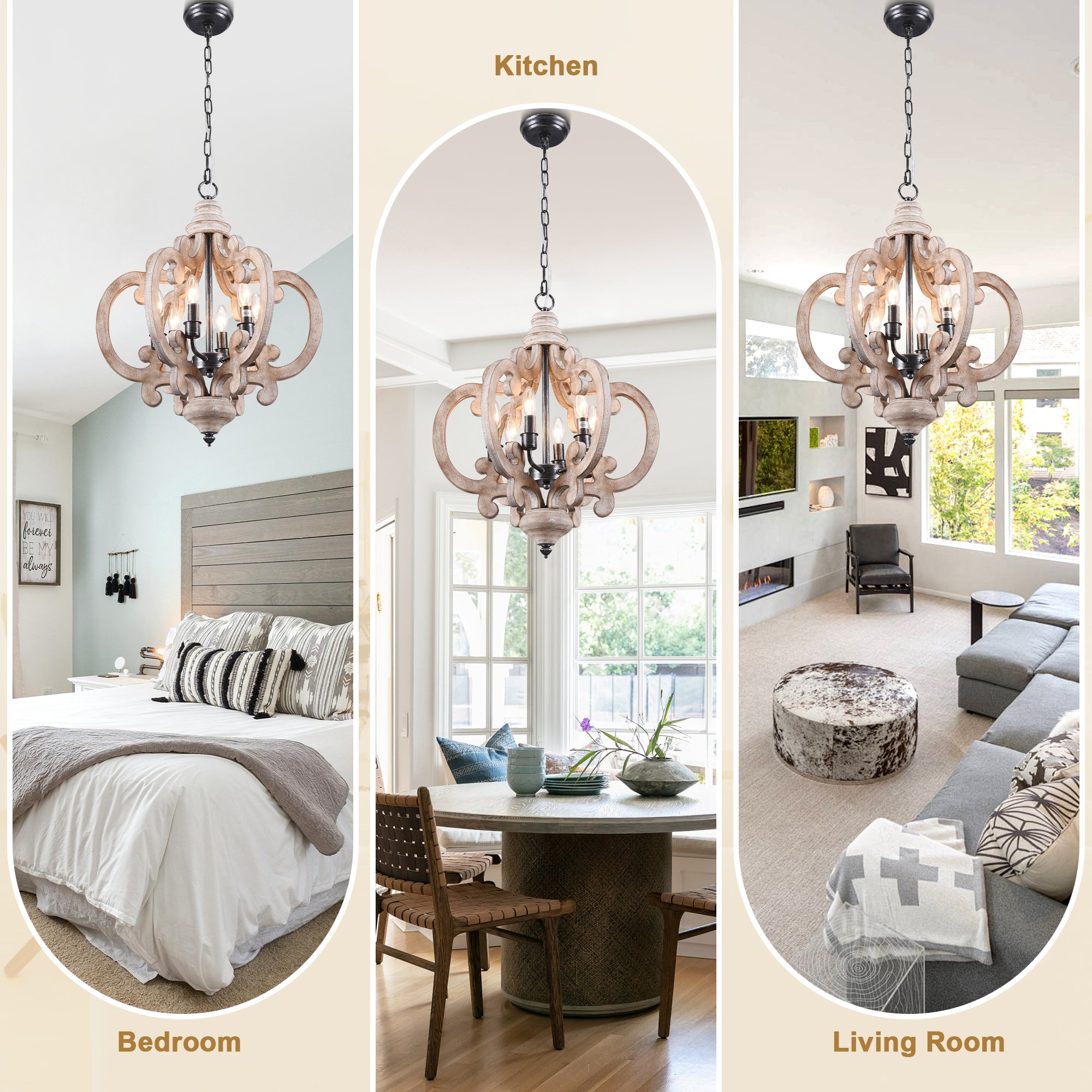 6-Light Distressed Wood French Country Vintage Geometric Chandelier with Adjustable Chain, Farmhouse Solid Wooden Chandelier