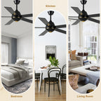52 Inch Black Modern Ceiling Fan with Remote Control, 6 Speeds DC Motor 5-Blade Reversible Ceiling Fan for Living Room
