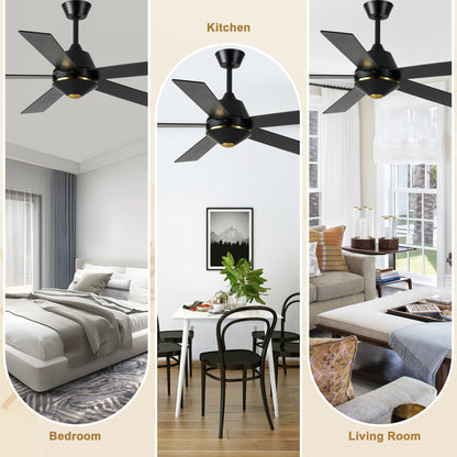 HWJ5219-52" 5 Wooden Blades Modern Reversible Ceiling Fan with Remote and LED Lights, Large Size 6-speed Ceiling Fan