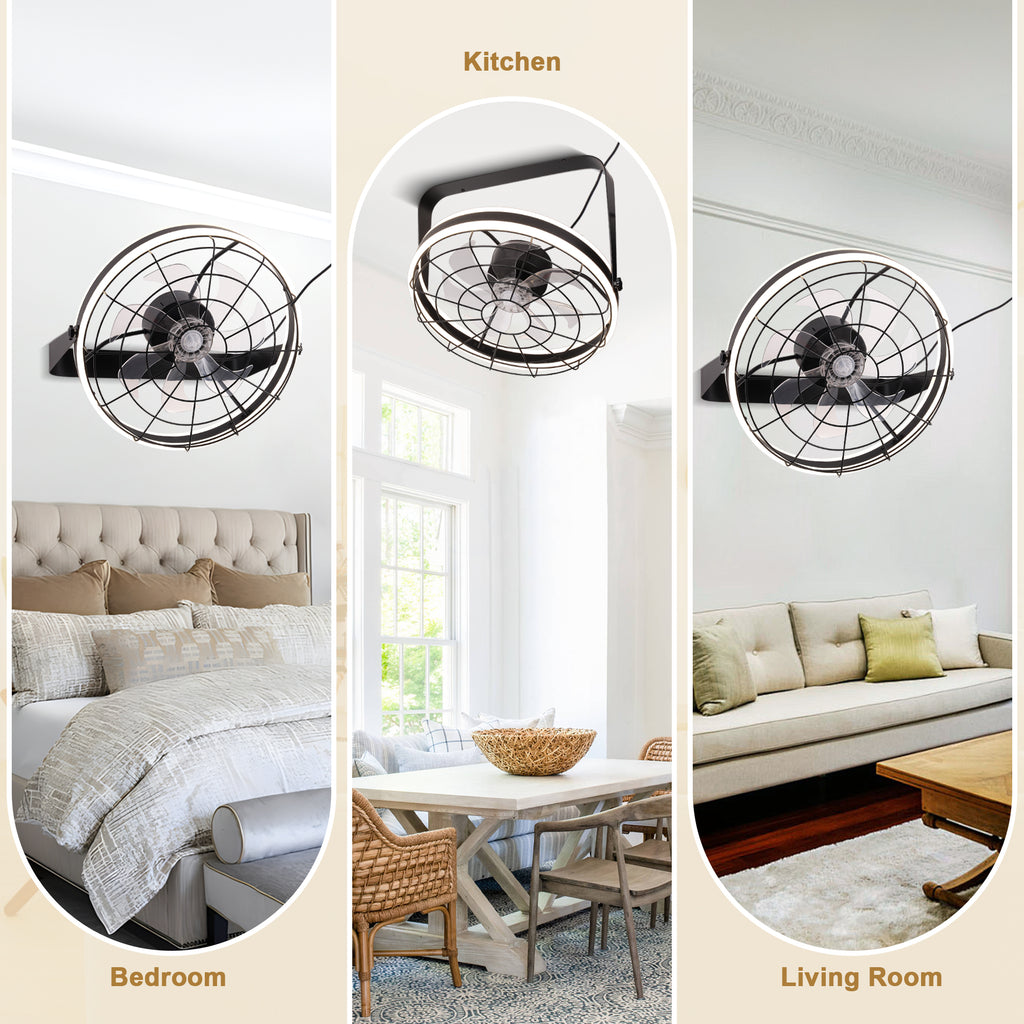 23 Inch Black Modern Wall Mounted Caged Ceiling Fan with Dimmable LED Lights and Remote, 6 Speeds Plug In Bladeless Ceiling Fan