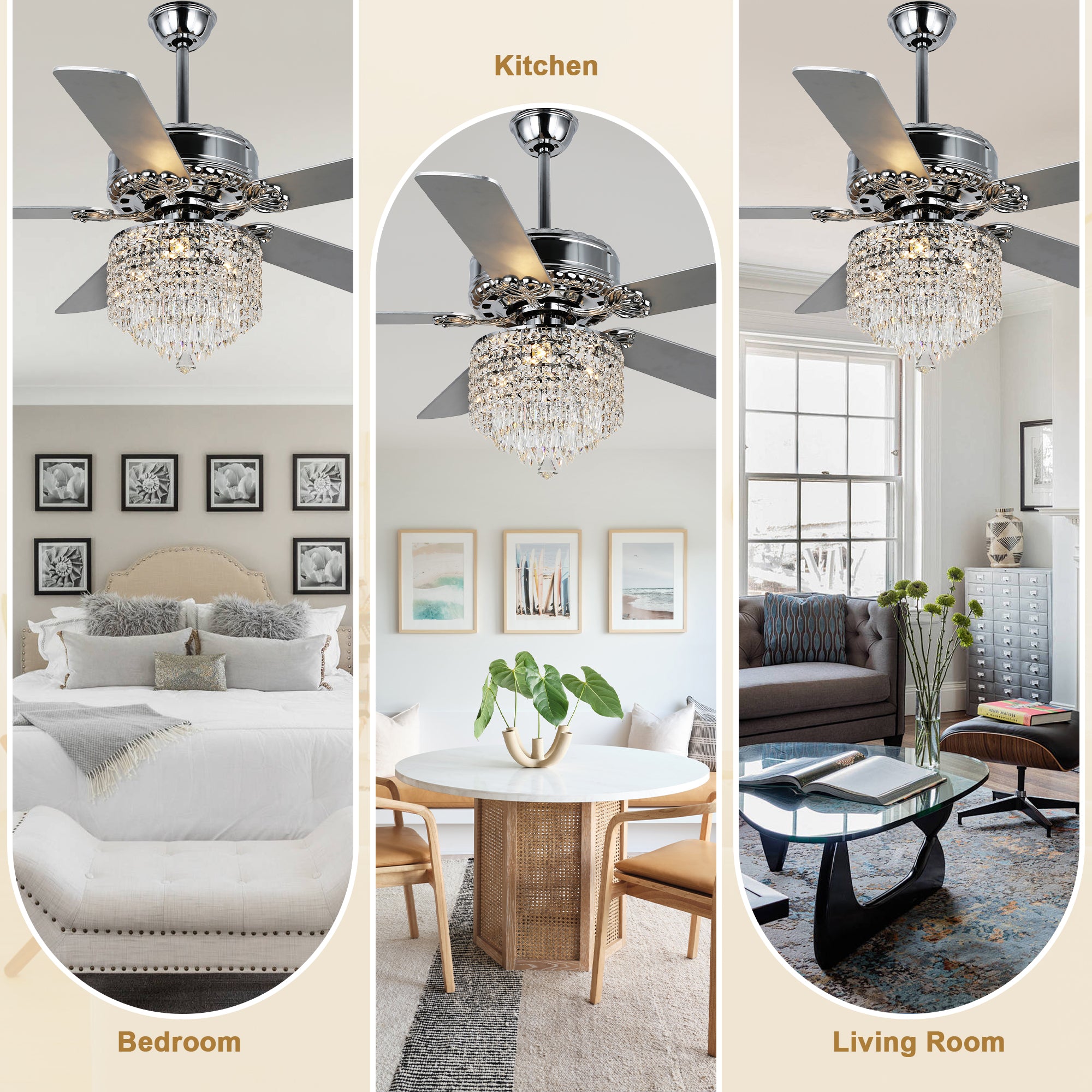 DC2017-BellaDepot 52" Luxury Crystal Chandelier Ceiling Fan with Remote and 3 Lights, Large Size Ceiling Fan