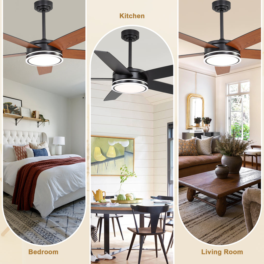 52 Inch Modern Black/Chrome Ceiling Fan with Dimmable LED Lights and Remote Control, 6 Speeds DC Motor Reversible Ceiling Fan for Large Room