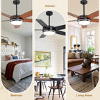 52 Inch Modern Black/Chrome Ceiling Fan with Dimmable LED Lights and Remote Control, 6 Speeds DC Motor Reversible Ceiling Fan for Large Room