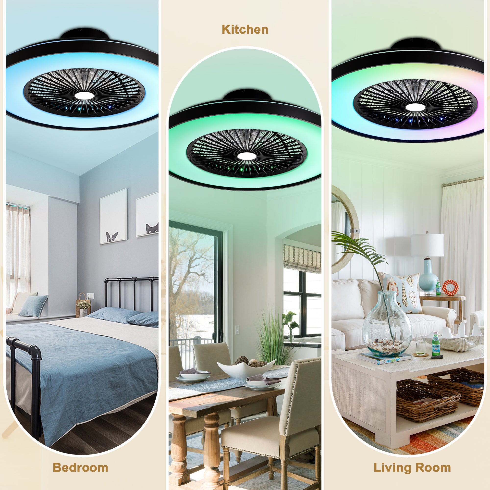 23 Inch Modern Smart Bladeless Ceiling Fan with Dimmable RGB LED Light and Remote,6 Speeds Flush Mount Ceiling Fan for Bedroom