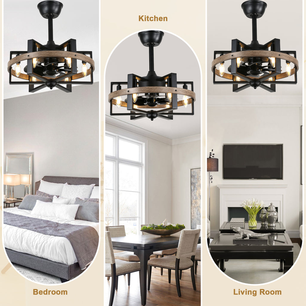 18 Inch Industrial Farmhouse Caged Ceiling Fan with Lights and Remote Control, 6 Speeds DC Motor Fandelier Ceiling Fan