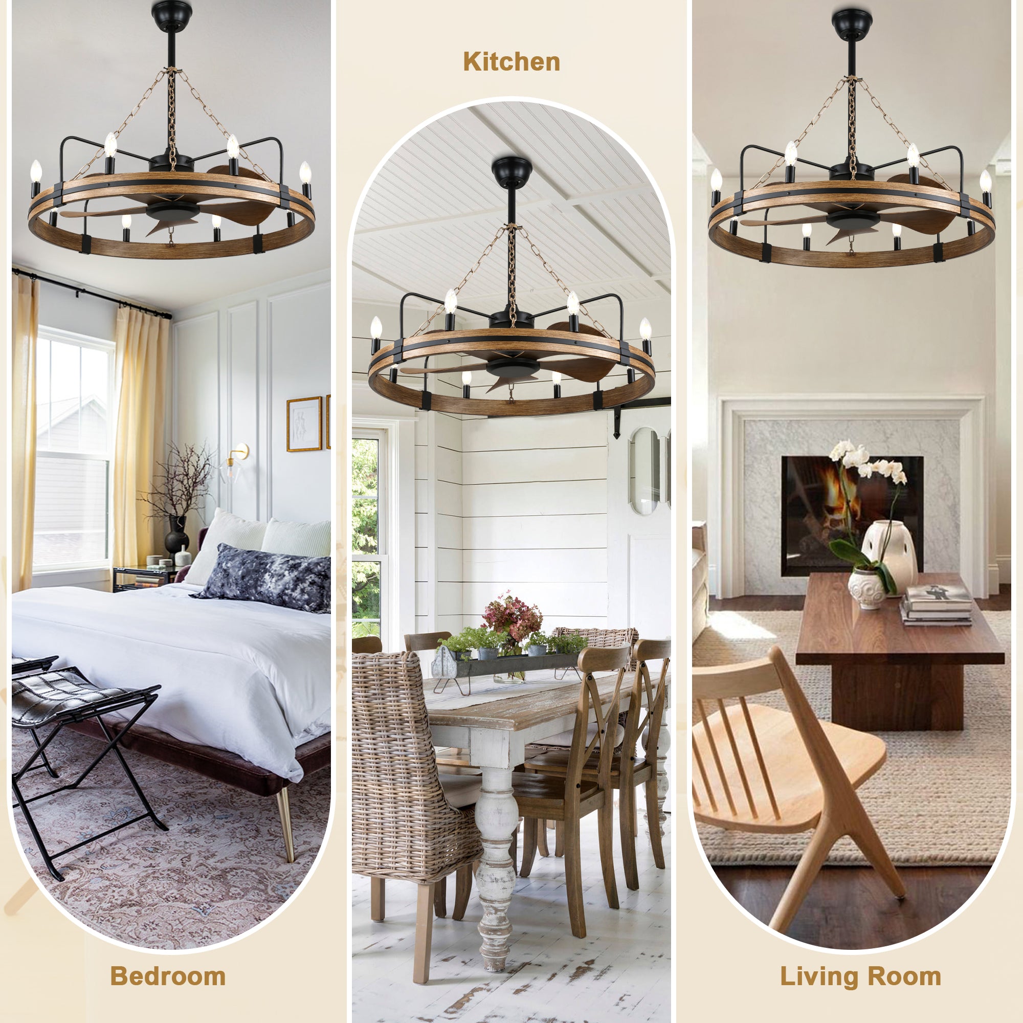 36 Inch Farmhouse Wagon Wheel Ceiling Fan with Lights and Remote Control, 6 Speeds DC Motor Bladeless Fandelier Ceiling Fan