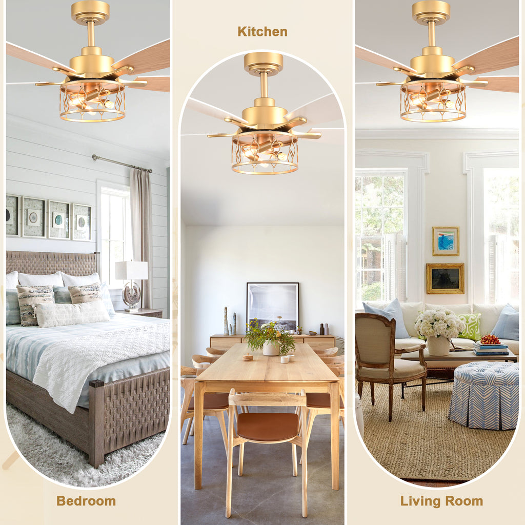 52 Inch Golden Modern Ceiling Fan with Lights and Remote Control, 6 Speeds DC Motor Reversible Ceiling Fan for Living Room