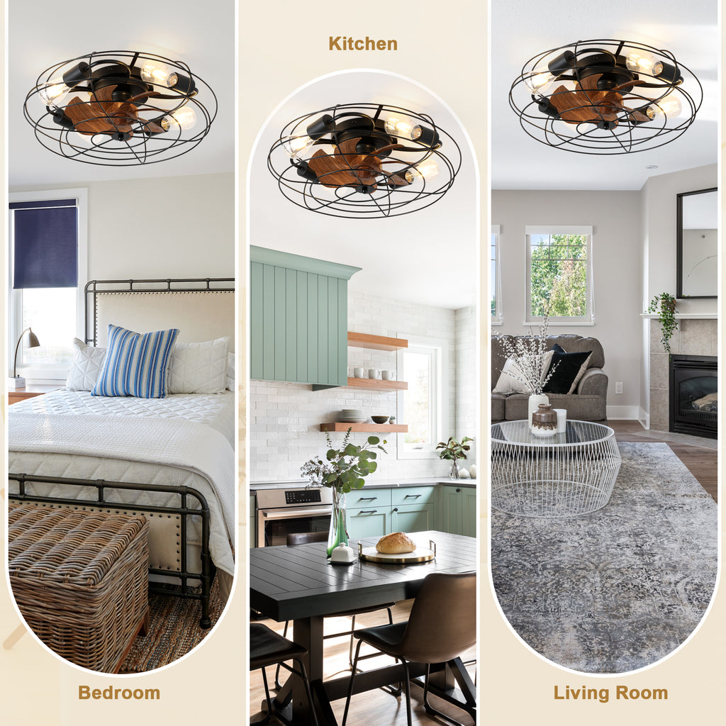 20 Inch Farmhouse Industrial Flush Mount Ceiling Fan with Lights and Remote, 6 Speeds DC Motor Bladeless Caged Ceiling Fan for Bedroom