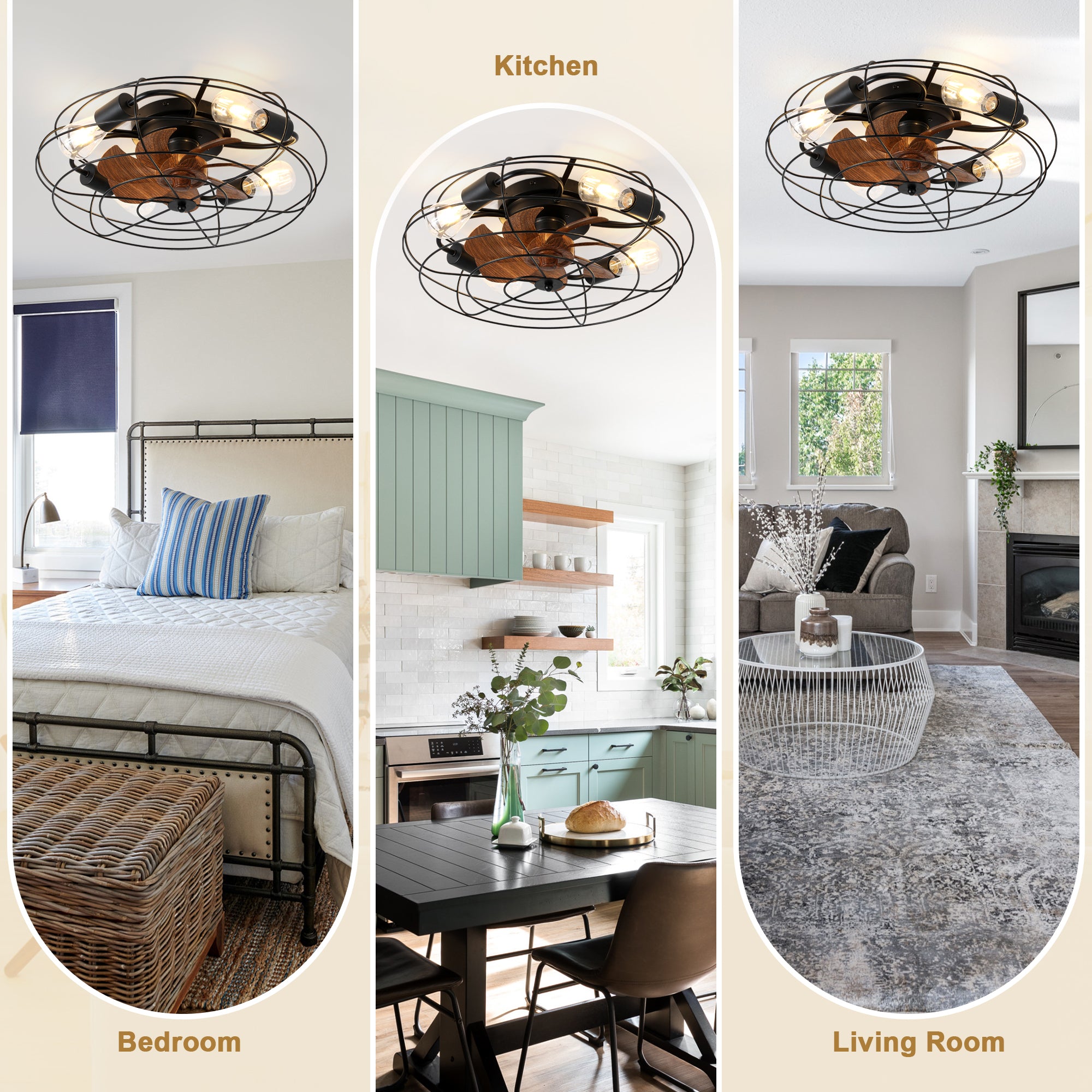 20 Inch Farmhouse Industrial Flush Mount Ceiling Fan with Lights and Remote, 6 Speeds DC Motor Bladeless Caged Ceiling Fan for Bedroom