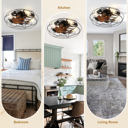 GED2035-BellaDepot 20" Flush Mount Ceiling Fan with Remote Control, Metal Caged 6 Speeds Fan with Lights, Ceiling Fan for Low Profile Room