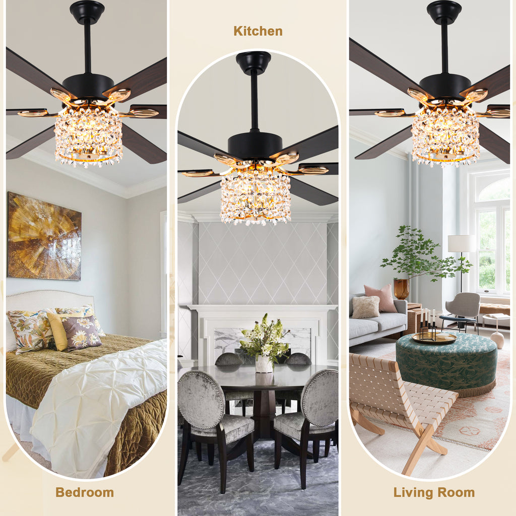 65 Inch Modern Glam Crystal Ceiling Fan with Lights and Remote Control,6 Speeds DC Motor  Black/Chrome Large Ceiling Fan with Crystals