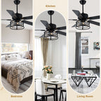 52 Inch Modern Glam Crystal Ceiling Fan with Lights and Remote, 6 Speeds DC Motor Black Reversible Ceiling Fan with Crystal Cage