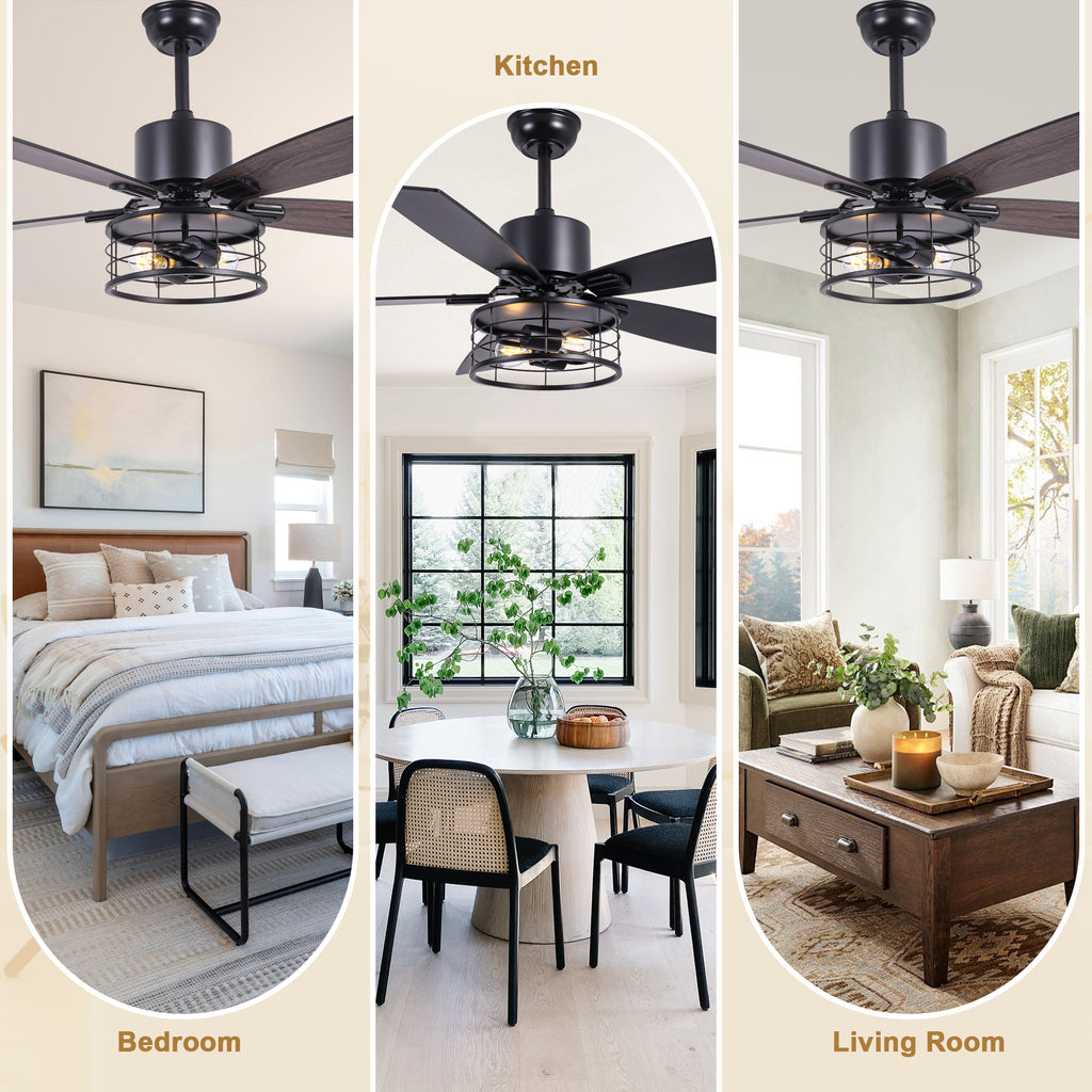 46 Inch 5-Blade Black Industrial Ceiling Fan with Lights and Remote Control, 6 Speeds DC Motor Caged Ceiling Fan for Living Room