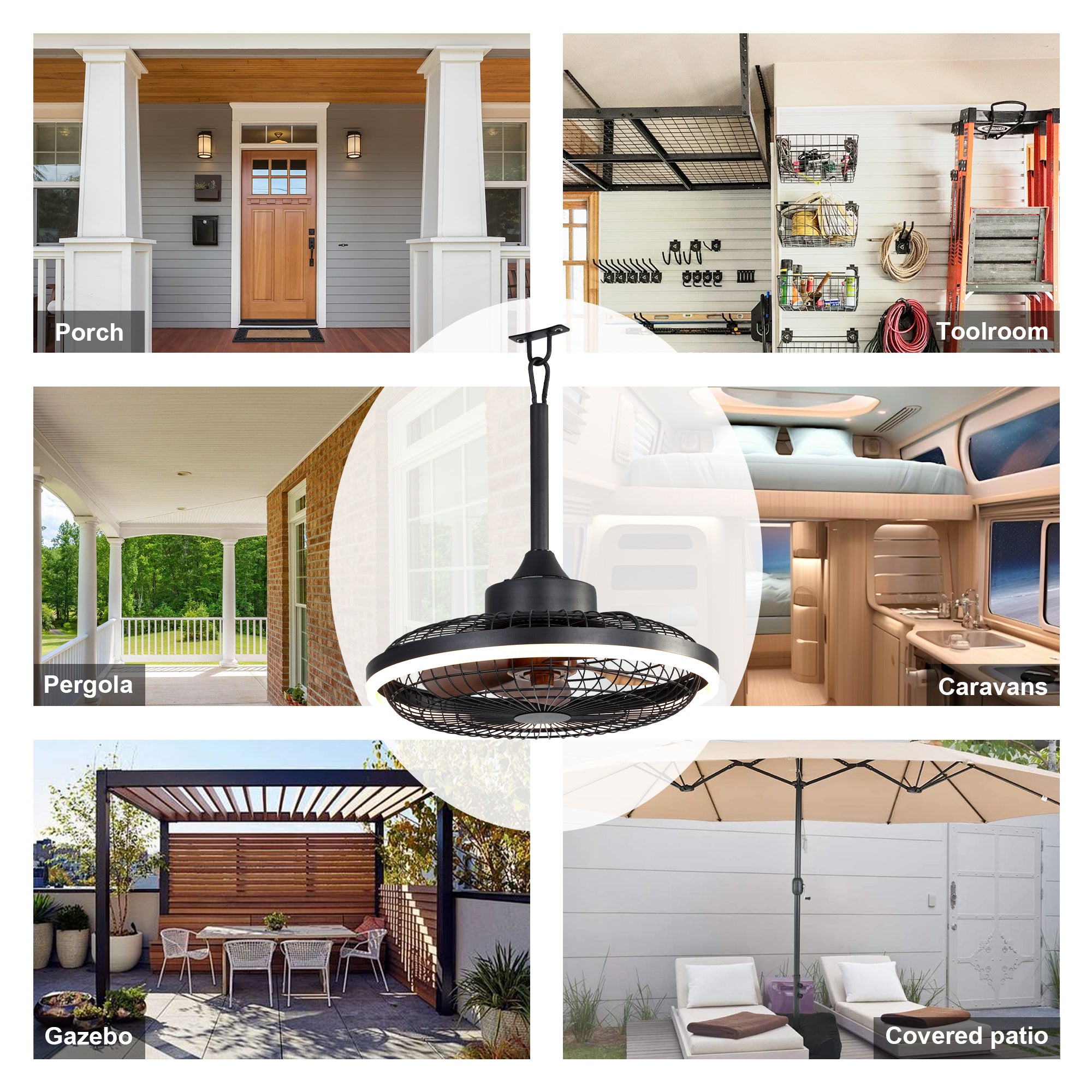 HW2001-BellaDepot 20" Compact Outdoor Caged Ceiling Fan with Remote Control, Waterproof Fan with LED Lights