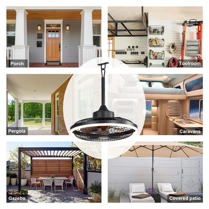 HW2001-BellaDepot 20" Compact Outdoor Caged Ceiling Fan with Remote Control, Waterproof Fan with LED Lights