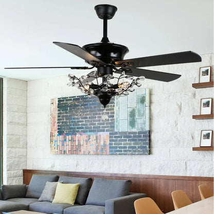 BD2014-52" Black/Chrome Deluxe Crystal Reversible Ceiling Fan, with Remote and 3 Lights, 5 Wooden Blades