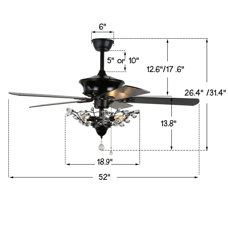 BD2014-52" Black/Chrome Deluxe Crystal Reversible Ceiling Fan, with Remote and 3 Lights, 5 Wooden Blades