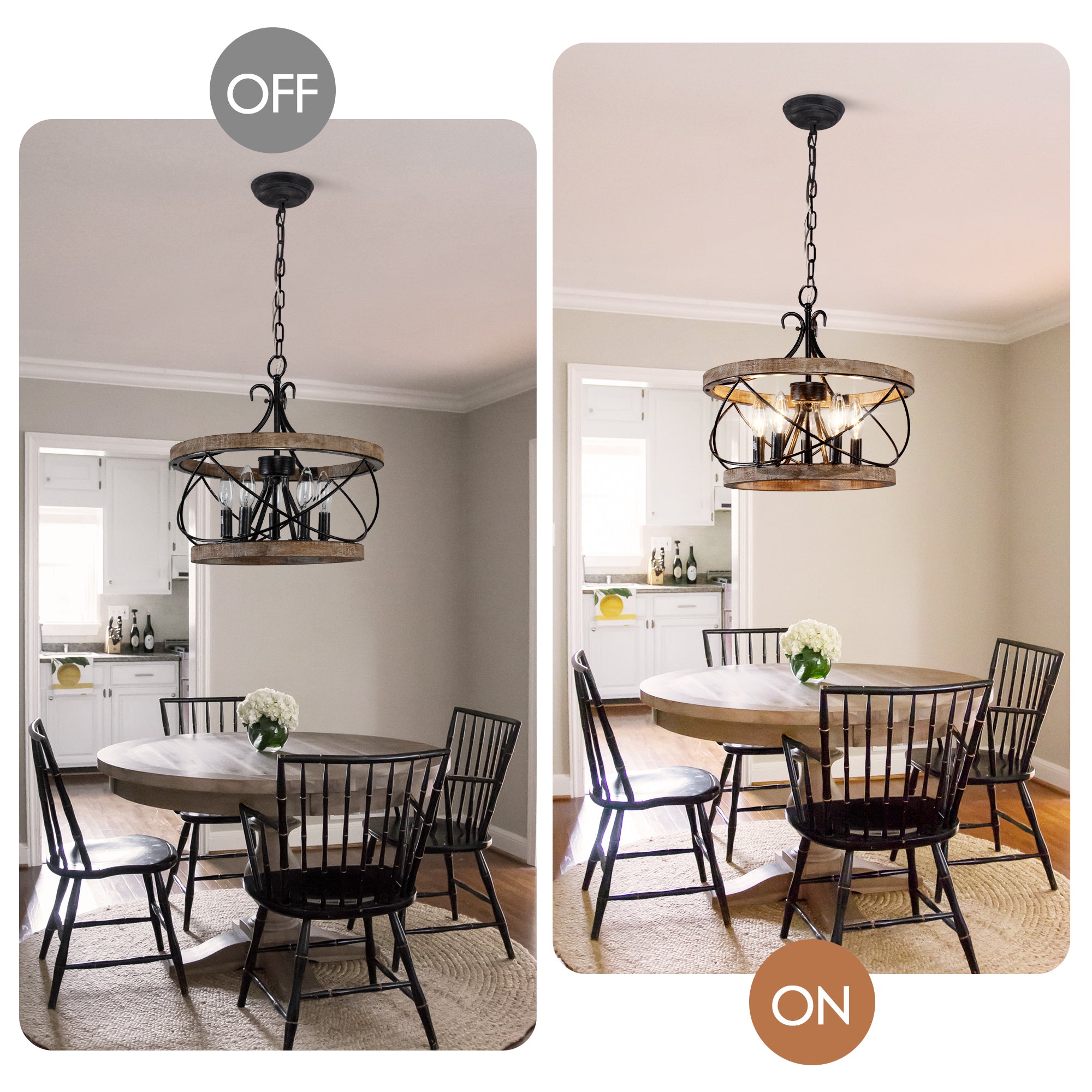 3 - Lights Farmhouse Drum Chandelier, 13" Wooden Chandelier for Dining Room with Height Adjustable