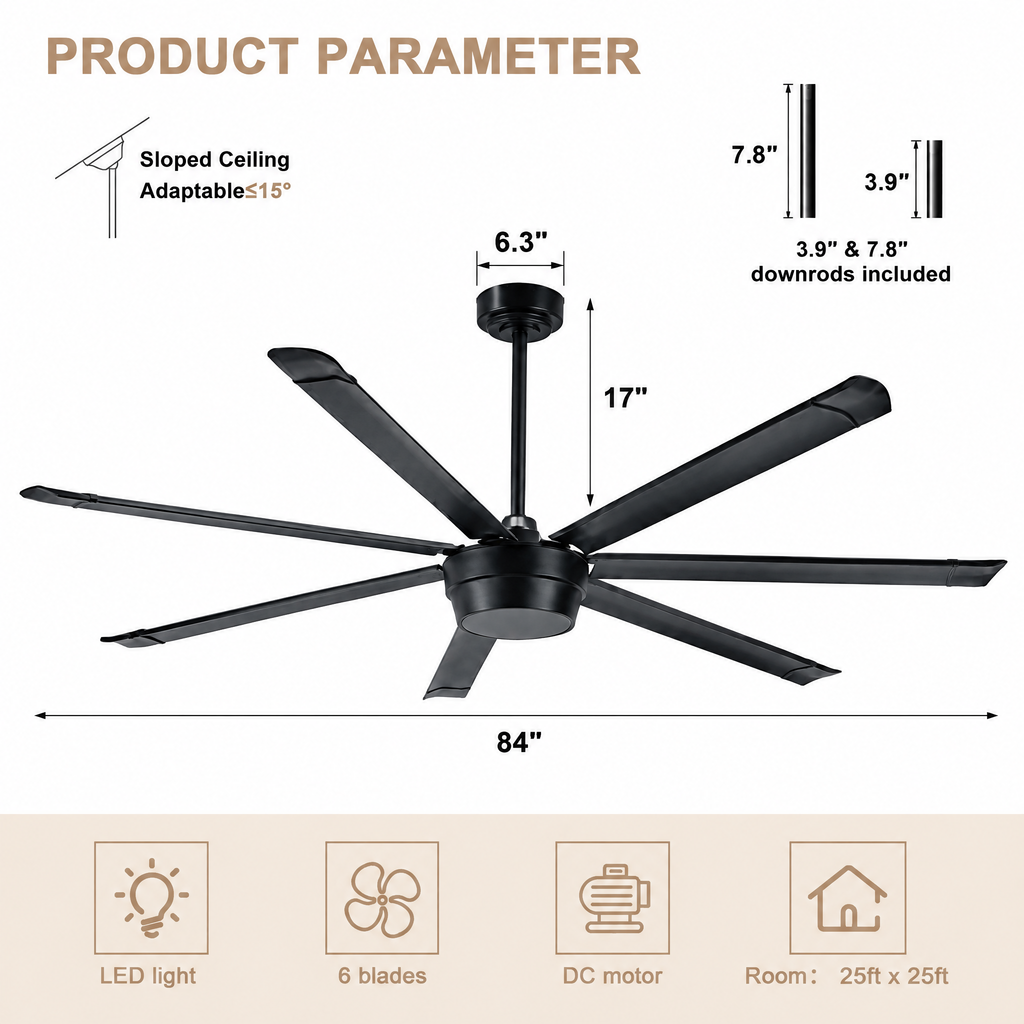 Industrial 84 Inch Down Rod Ceiling Fan Large 7 Blade Metal Ceiling Fan with Quiet Reversible DC Motor, Remote Control 6 Speed Ceiling Fan Suit for Kitchen, Living Room and Bedroom
