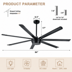 Industrial 84 Inch Down Rod Ceiling Fan Large 7 Blade Metal Ceiling Fan with Quiet Reversible DC Motor, Remote Control 6 Speed Ceiling Fan Suit for Kitchen, Living Room and Bedroom