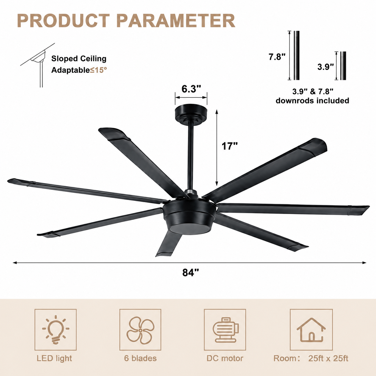 Industrial 84 Inch Down Rod Ceiling Fan Large 7 Blade Metal Ceiling Fan with Quiet Reversible DC Motor, Remote Control 6 Speed Ceiling Fan Suit for Kitchen, Living Room and Bedroom