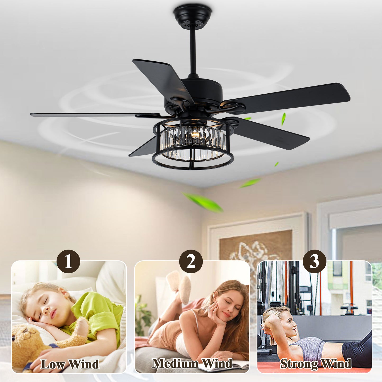 BD2067-52 Inch Luxury Crystal Caged Reversible Black Color Ceiling Fan with Remote and Lights DC Motor 6 Speeds