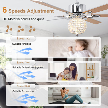 BellaDepot 65" Luxury Crystal Ball Chrome Large Size Ceiling Fan with Remote Control, Silent Motor 6 Speeds Straight Leaf Fan with LED Lights - DC6509