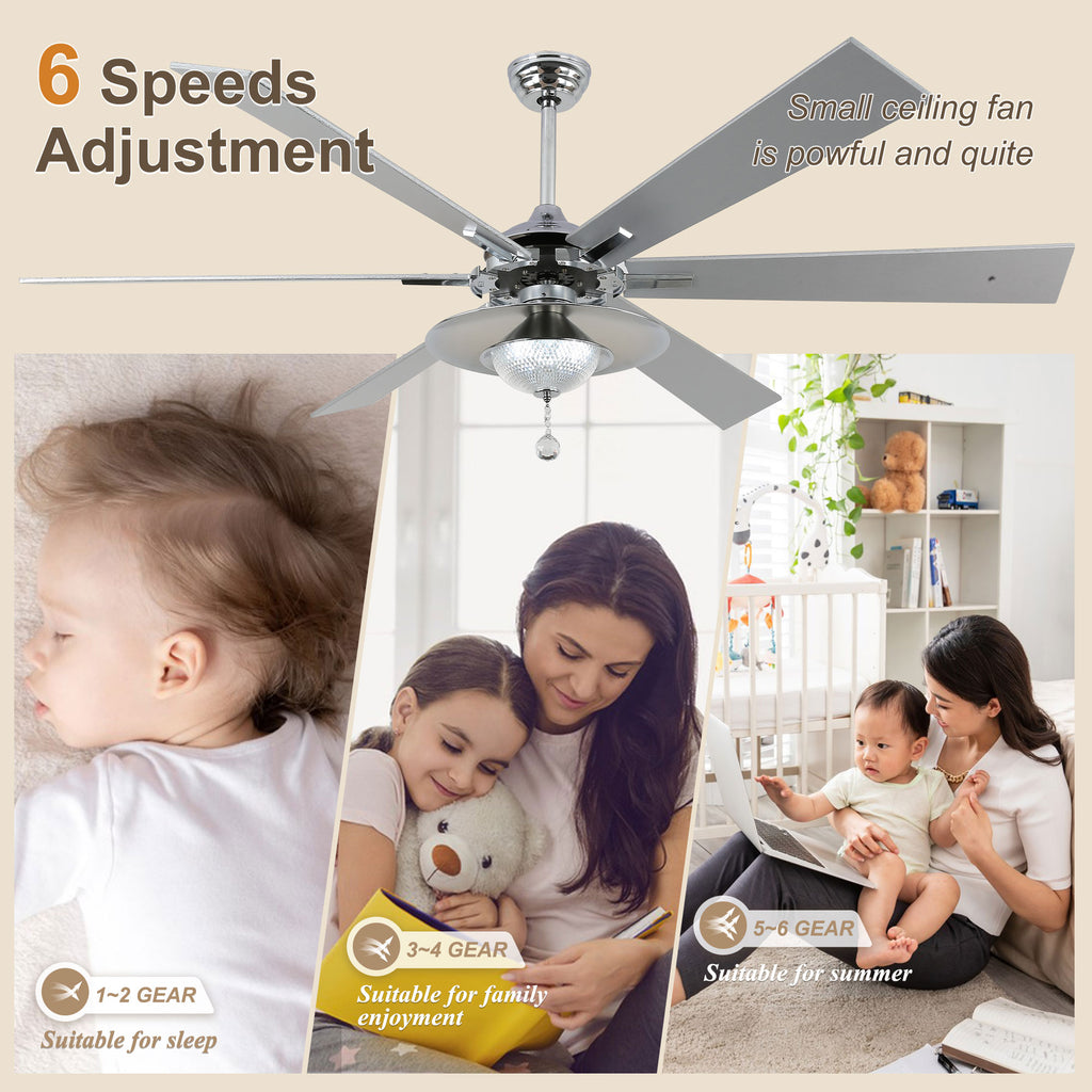 DC7204-BellaDepot 72" Silver/Black Finish Modern Urban Crystal Reversible Ceiling Fan with Remote and LED Light Kit, Large Size Ceiling Fan