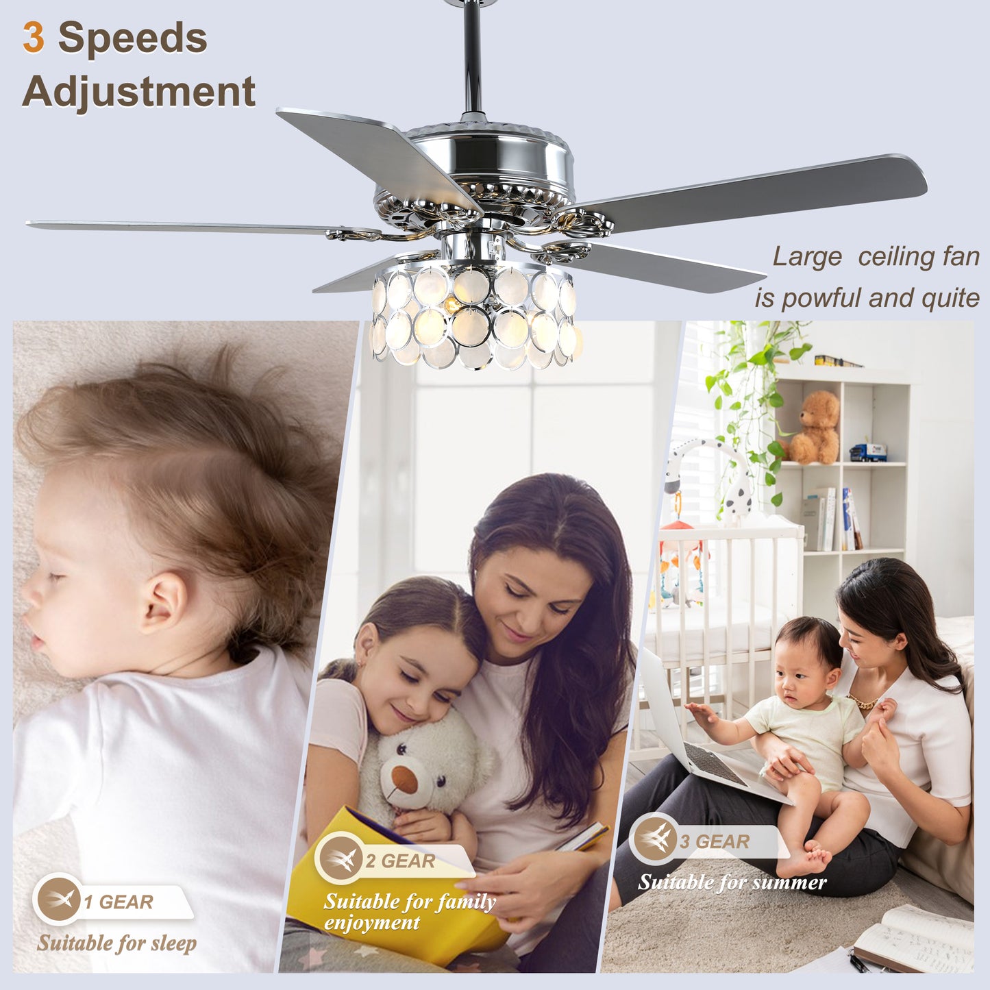 DC5216-52" 5 Wooden Blades Chrome Finish Modern Reversible Ceiling Fan with Remote and Light, 6-speed Large Size Ceiling Fan