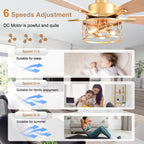 52 Inch Golden Modern Ceiling Fan with Lights and Remote Control, 6 Speeds DC Motor Reversible Ceiling Fan for Living Room