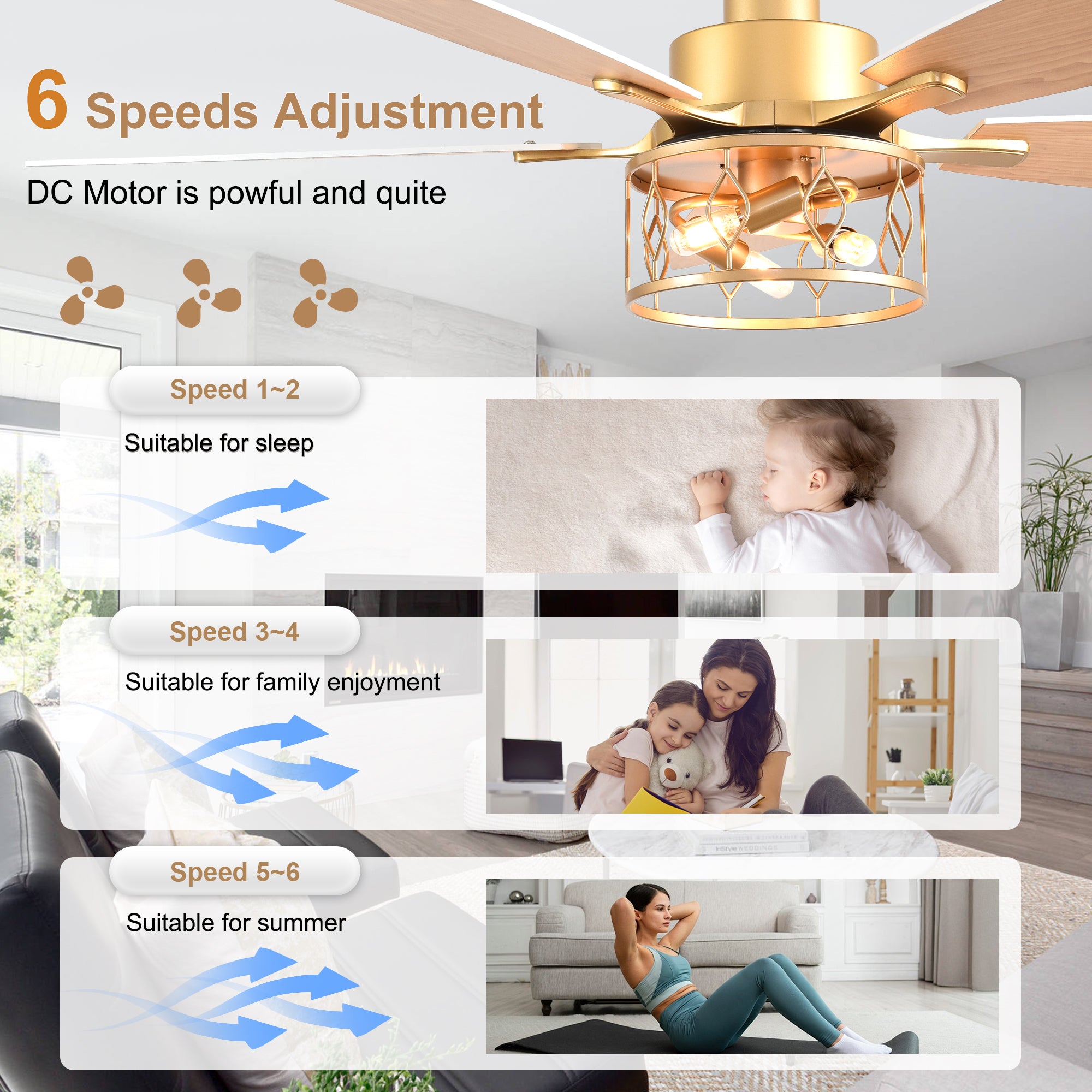 52 Inch Golden Modern Ceiling Fan with Lights and Remote Control, 6 Speeds DC Motor Reversible Ceiling Fan for Living Room