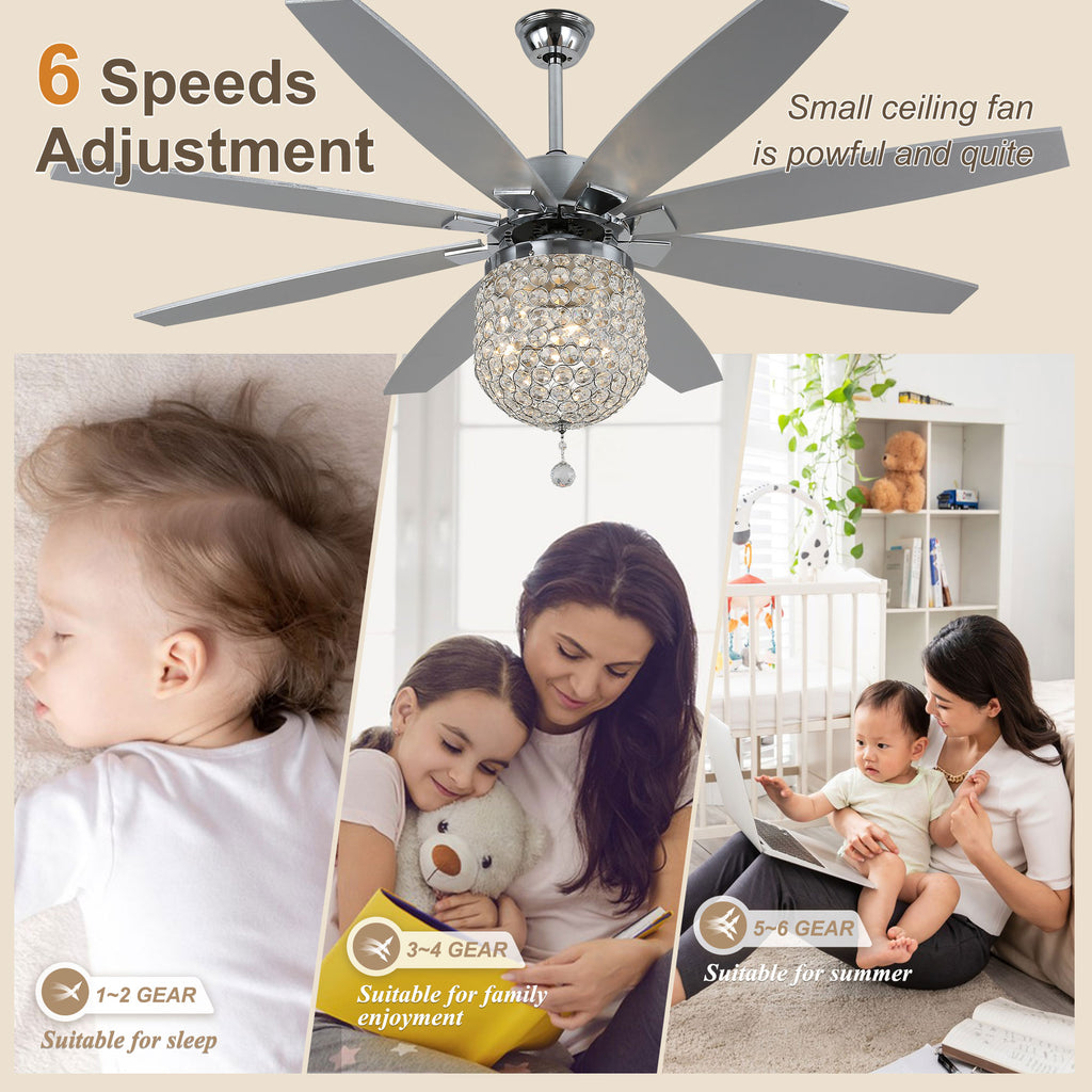 DC6504-BellaDepot 65" 8 Wooden Blades Silver Finish Crystal Reversible Ceiling Fan with Remote and 3 Lights, Large Size 6-speed Ceiling Fan