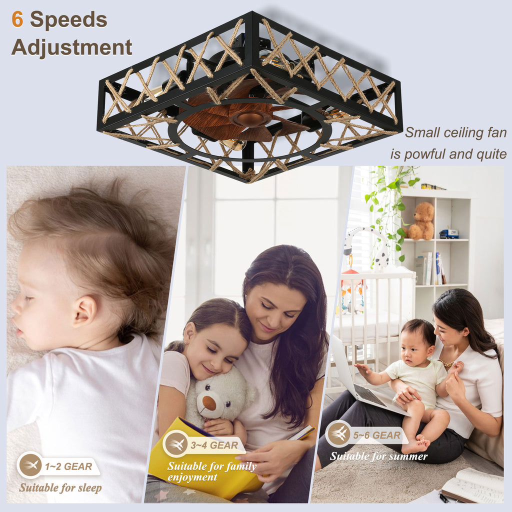 18 Inch Rectangular Industrial Farmhouse Flush Mount Ceiling Fan with Lights and Remote Control, 6 Speeds DC Motor Bladeless Ceiling Fan
